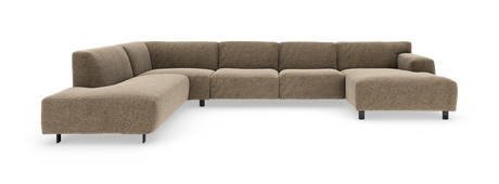 Modulær L‑sofa i beige/brunt tekstil med afrundede former og sorte ben, fritlagt på hvid baggrund.