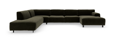 Mørkegrøn modulær hjørnesofa i U-form med chaiselonger på begge sider og metalben.