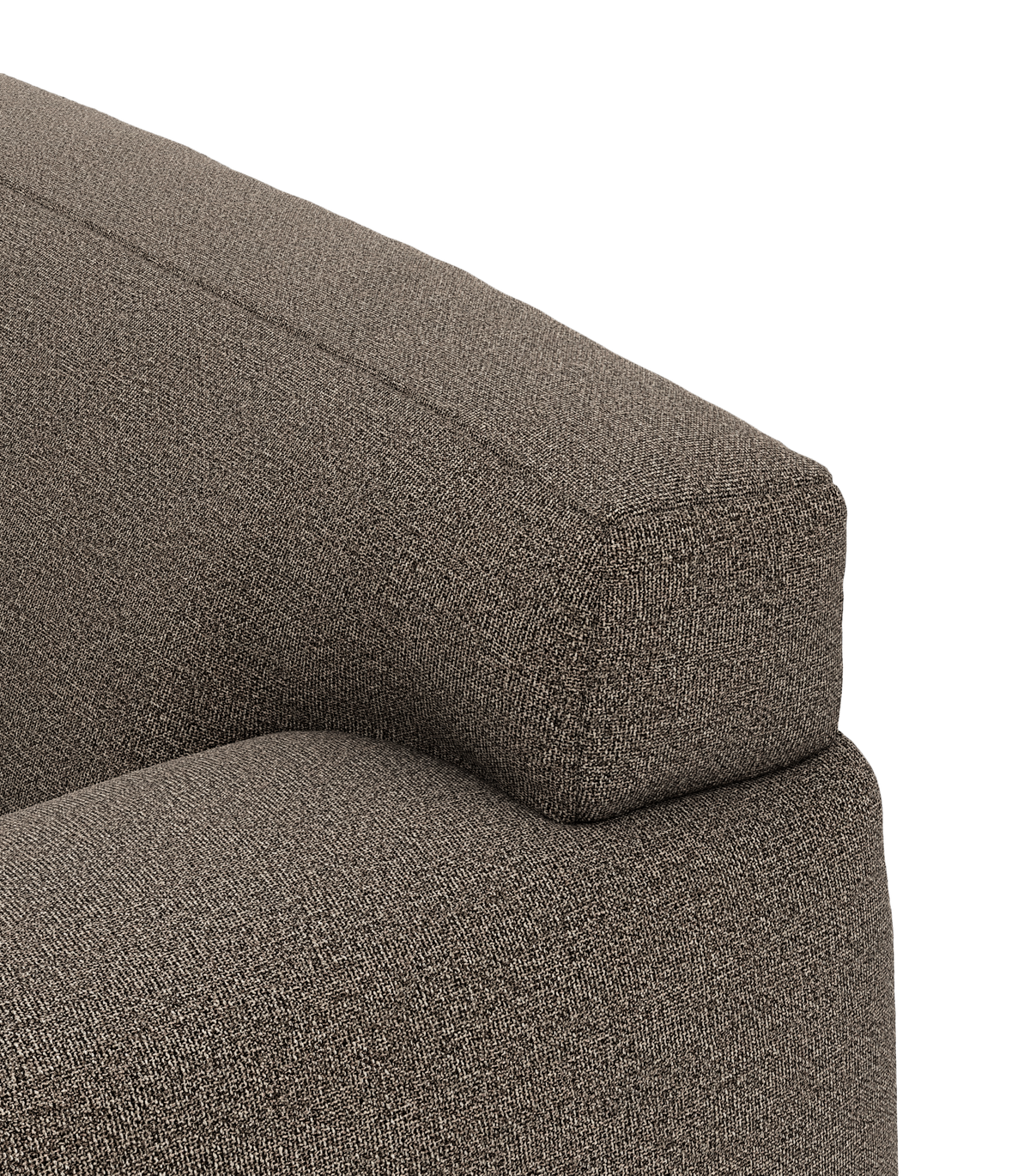 Nærbillede af brunmeleret sofa-arm og ryg i tekstil på neutral baggrund.