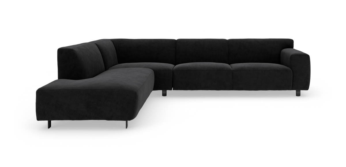 Sort hjørnemodulsofa med afrundede former og metalben, fritlagt på hvid baggrund.