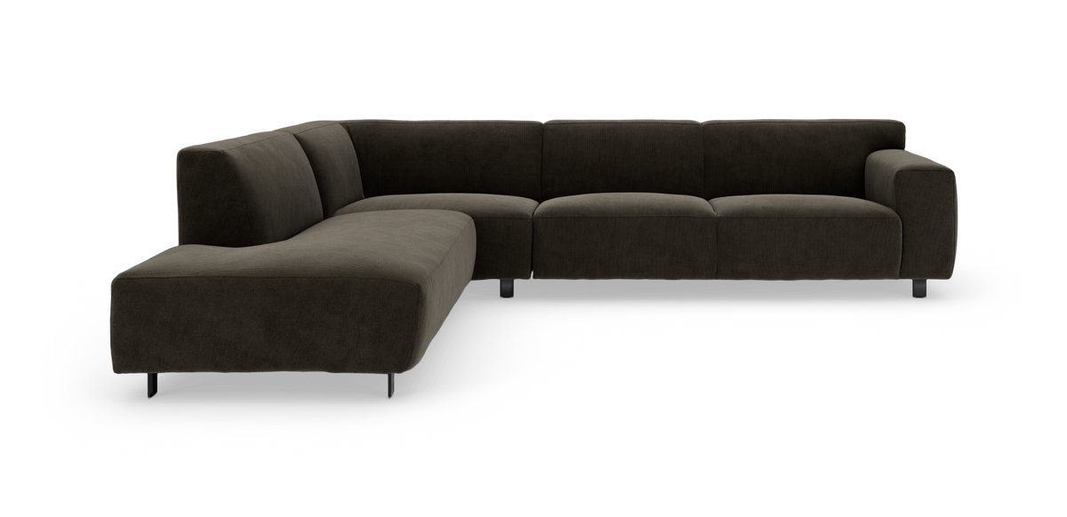 Mørkebrun L‑formet modulsofa med venstrevendt chaiselong, fritlagt på hvid baggrund.