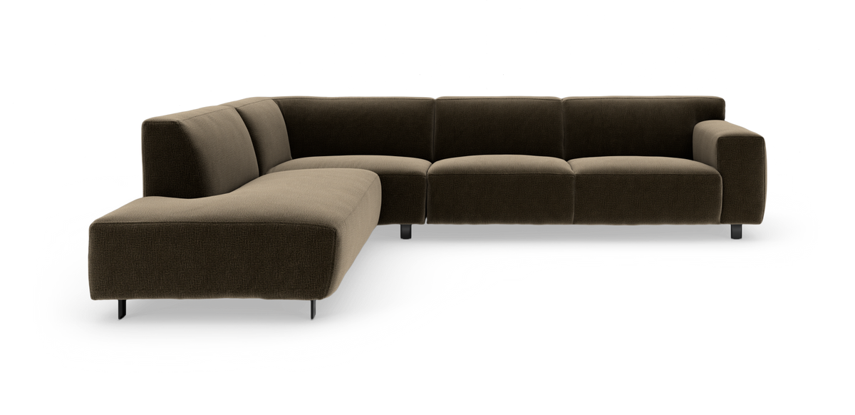 Modulær L-formet hjørnesofa i mørkebrun/taupe tekstil med metalben, vist på hvid baggrund.
