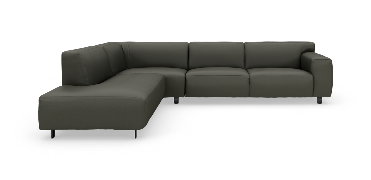 Mørkegrå hjørnesofa med venstrevendt chaiselong og metalben, fritlagt på hvid baggrund.
