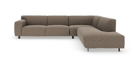L‑formet modulsofa i brun‑beige stof med højre chaiselong, frilagt på hvid baggrund.