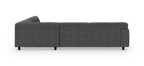 Mørkegrå stofsofa set bagfra på hvid baggrund, fritlagt produktfoto.