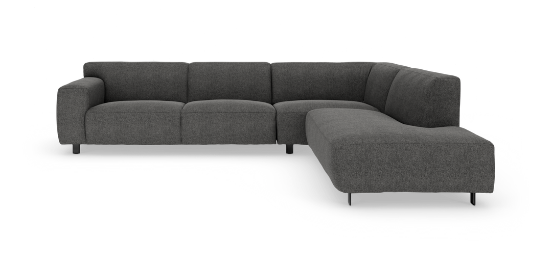 Mørkegrå L-formet modulsofa med højre chaiselong og metalben, fritlagt på hvid baggrund.