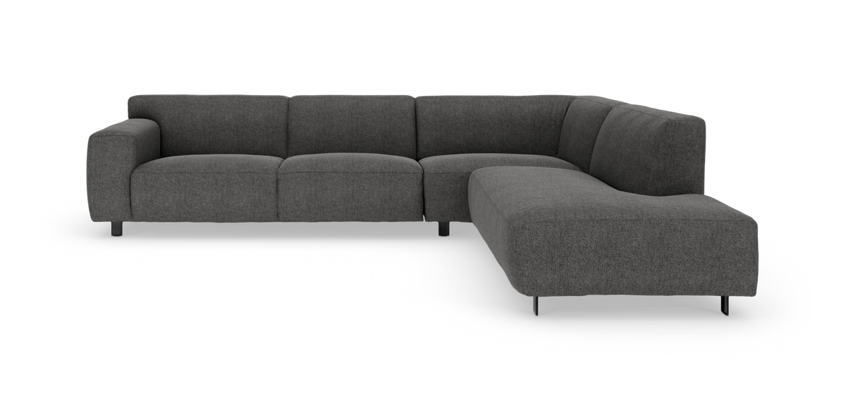 Mørkegrå L-formet modulsofa med højre chaiselong og metalben, fritlagt på hvid baggrund.