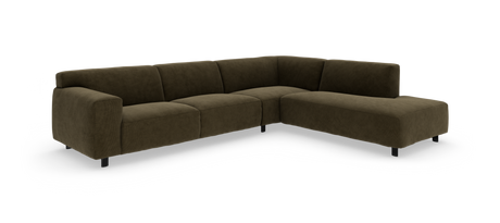 Modulær L-sofa i mørk olivengrøn kordfløjl med brede armlæn, lav profil og højrevendt chaiselong.