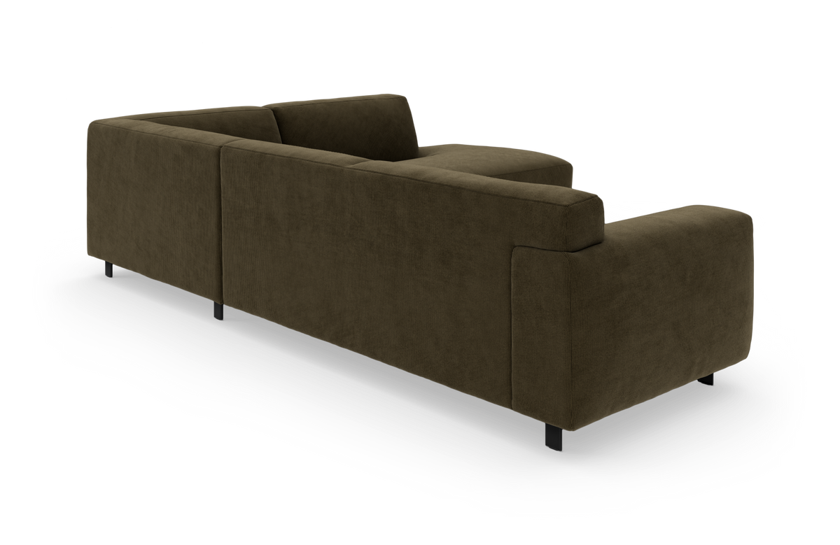Modulsofa i mørke olivengrøn kordfløjl, set bagfra i studie på hvid baggrund.