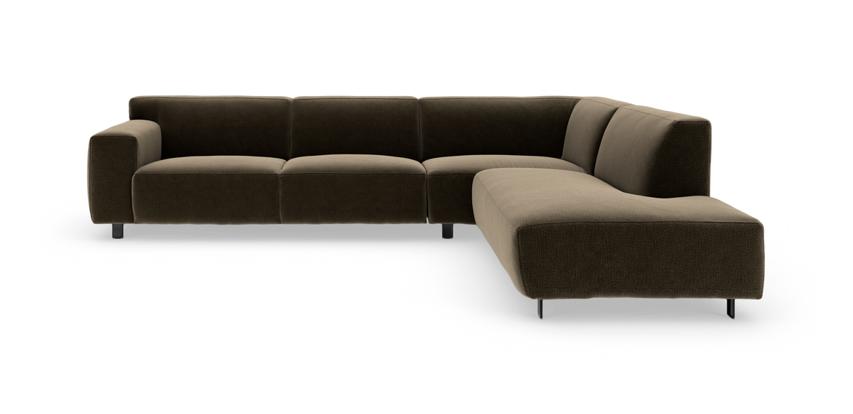 Modulær L-sofa i mørkebrun og beige tekstil med højre chaiselong og slanke metalben.