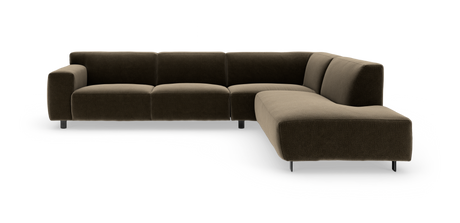 Modulær L-sofa i mørkebrun og beige tekstil med højre chaiselong og slanke metalben.