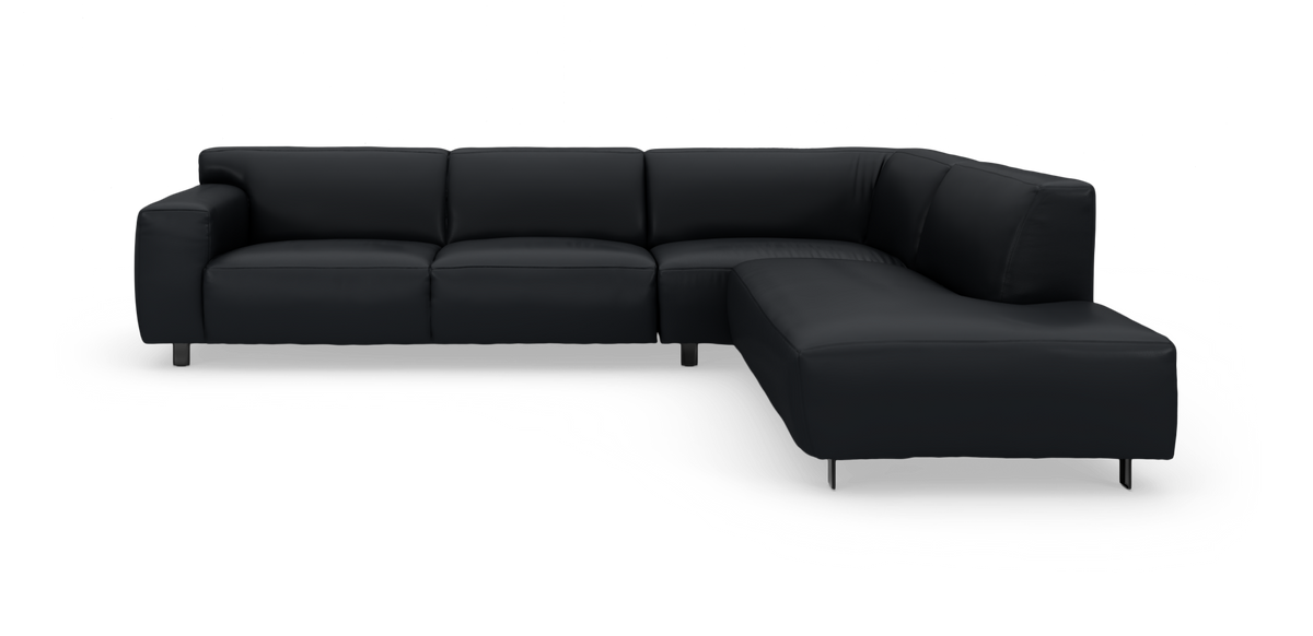 Sort L-formet hjørnesofa med chaiselong til højre, moderne design og metalben.