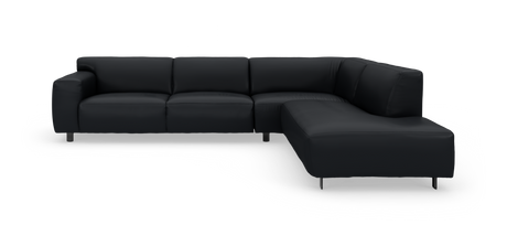 Sort L-formet hjørnesofa med chaiselong til højre, moderne design og metalben.