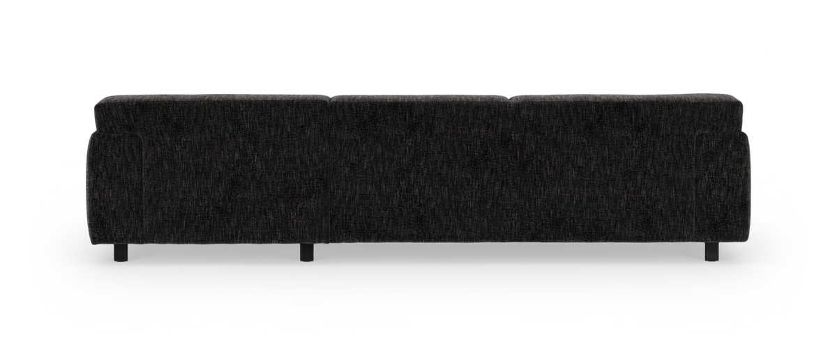 Mørkegrå stofsofa set bagfra på hvid studiobaggrund.