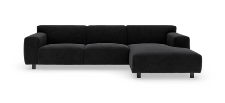 Mørkegrå modulsofa med chaiselong i højre side, frilagt på hvid baggrund.