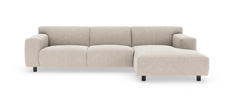 Beige modulsofa med chaiselong til højre i moderne, minimalistisk design på hvid baggrund.