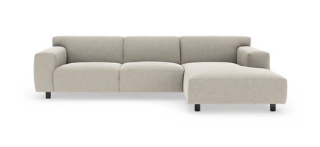 Beige modulsofa med højrevendt chaiselong, set direkte forfra.
