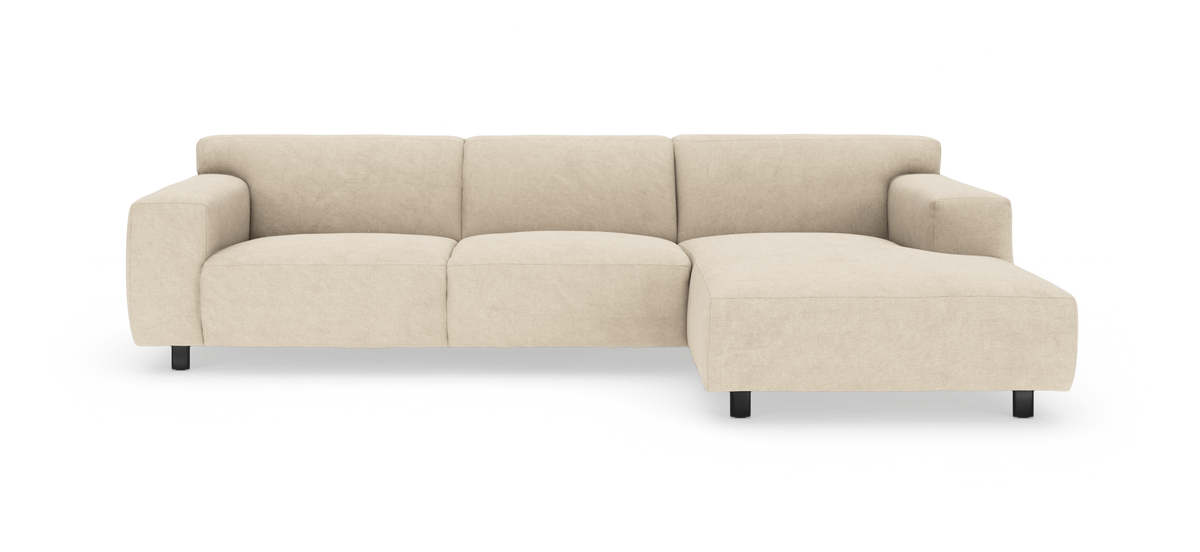 Beige modulsofa med højrevendt chaiselong, fritlagt mod hvid baggrund.