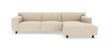 Beige modulsofa med højrevendt chaiselong, fritlagt mod hvid baggrund.