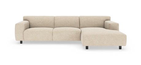 Beige modulsofa med højrevendt chaiselong, frilagt på hvid baggrund.