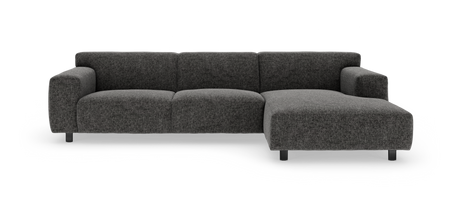 Mørkegrå modulsofa med højre chaiselong på hvid baggrund.