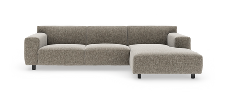 Modulsofa med højre chaiselong i meleret grå‑beige stof, frontvisning på hvid baggrund.