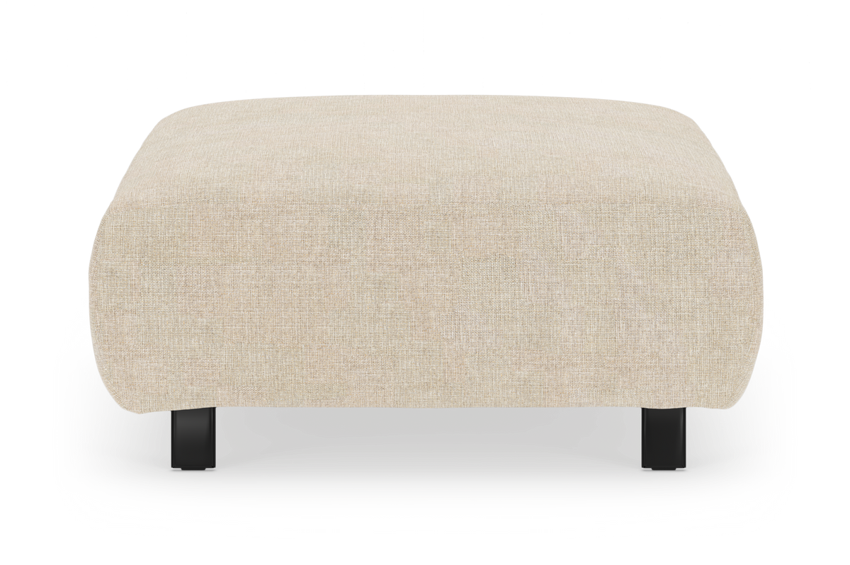 Beige firkantet skammel/ottoman med sorte ben, frilagt frontvisning.
