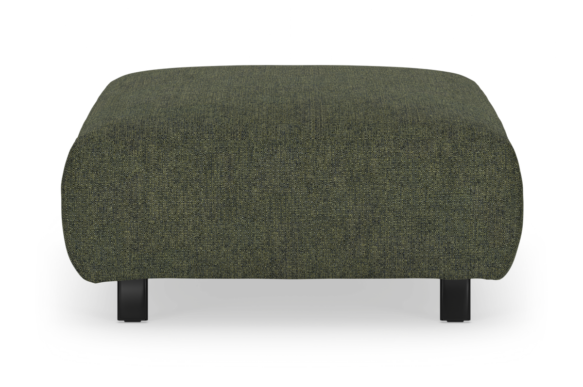 Grøn kvadratisk fodskammel/ottoman i tekstil med sorte ben, fritlagt frontview.