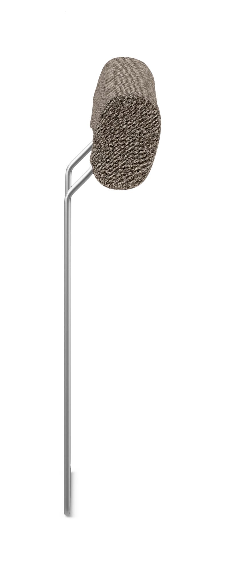 Fritstående metalstativ med brungrå, afrundet, tekstilpolstret pude øverst, frilagt på hvid baggrund.
