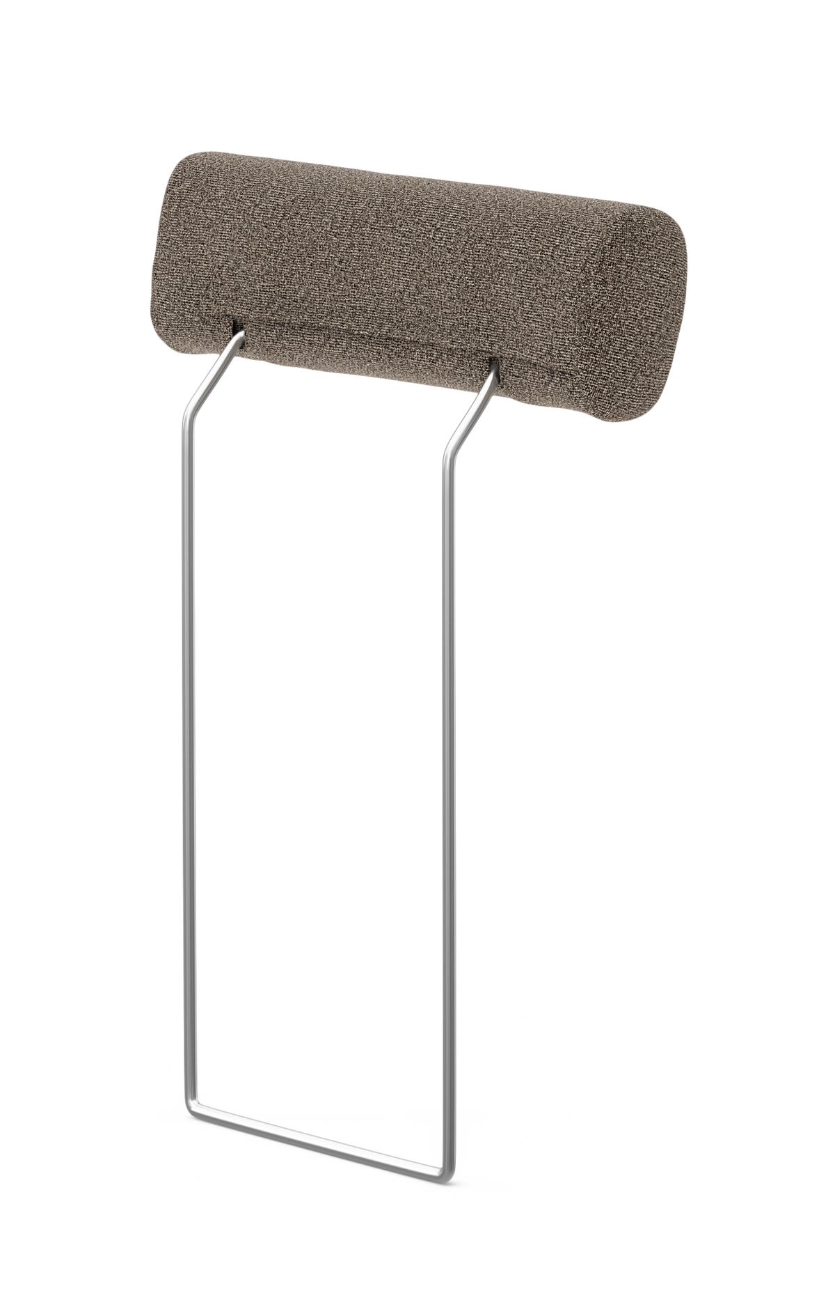 Fritstående nakkestøtte i brunmeleret stof med forkromet metalramme, frilagt på hvid baggrund.