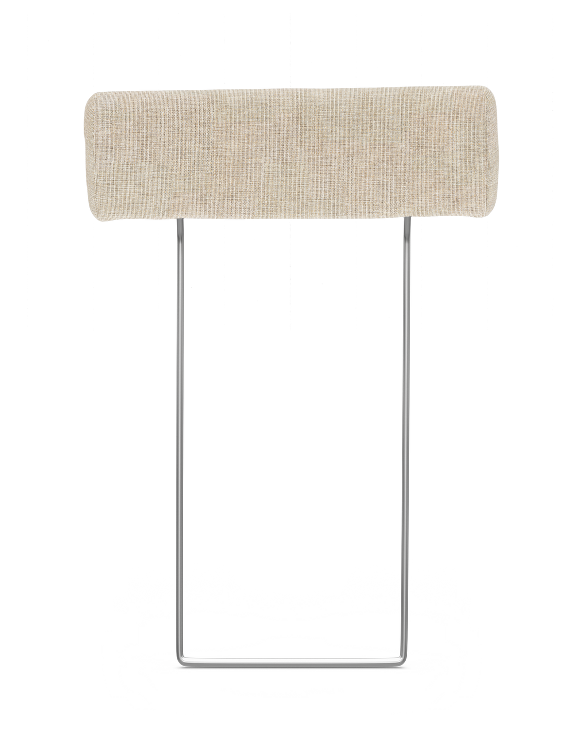 Beige tekstilpolstret nakkestøtte på smal metalramme, frilagt produktfoto.