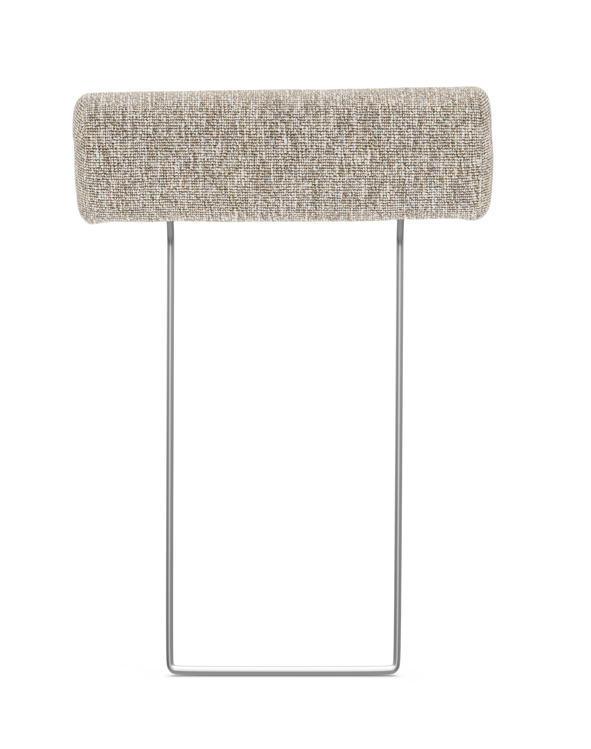 Beige nakkestøtte i tekstil med kromet metalstativ, frilagt på hvid baggrund.