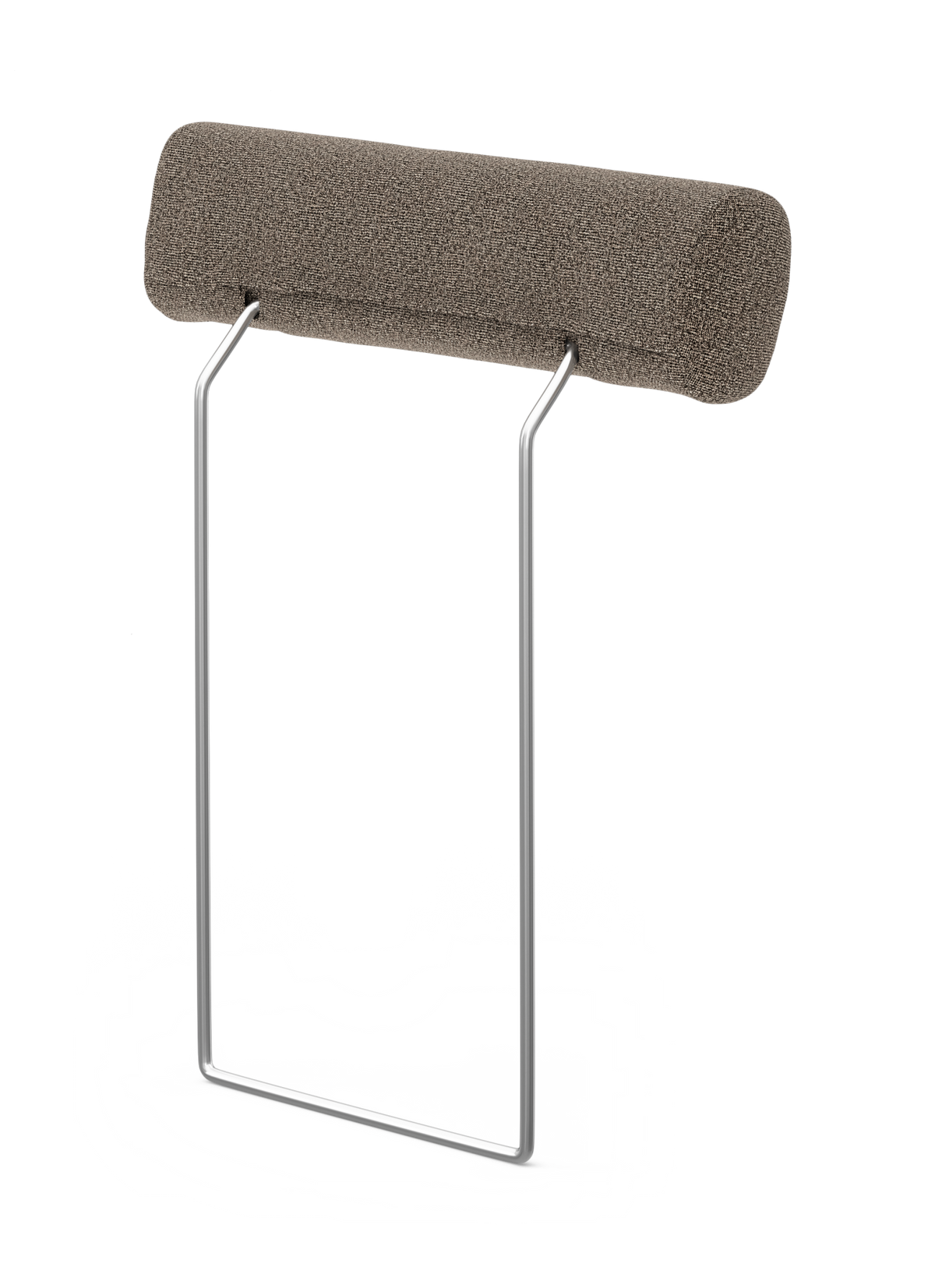 Løst nakkestøtte i brungråt tekstil med kromet metalstel, fritlagt produktbillede.