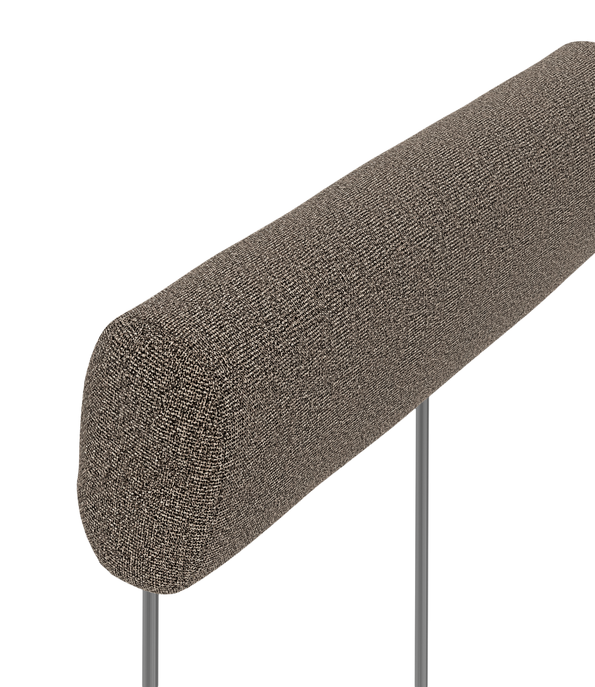 Brungråt polstret nakkestøtte på to metalstænger, fritlagt produktbillede.
