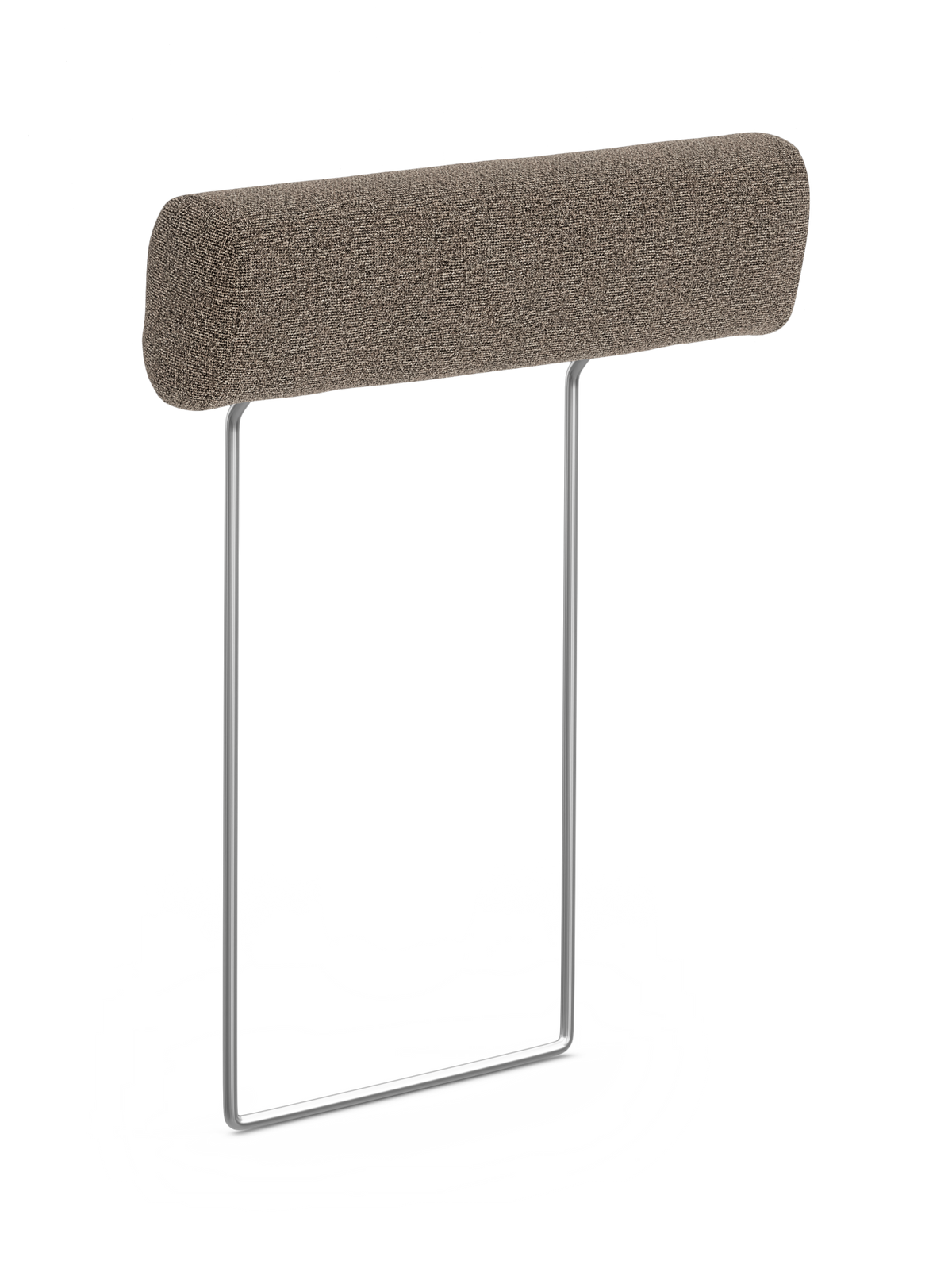 Brunmeleret cylindrisk nakkestøtte i tekstil med to kromfarvede metalben i U‑form på hvid baggrund.