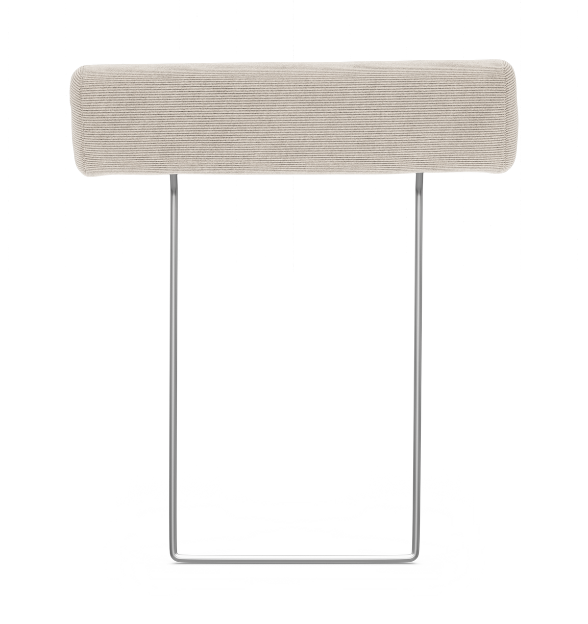 Beige sofa nakkestøtte med U-formet metalramme på hvid baggrund.