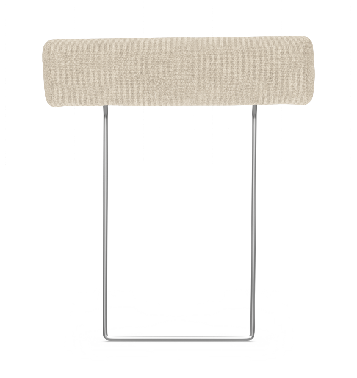 Beige, rektangulært nakkestøtte med polstret pude på U‑formet krom metalramme, frilagt på hvid baggrund.