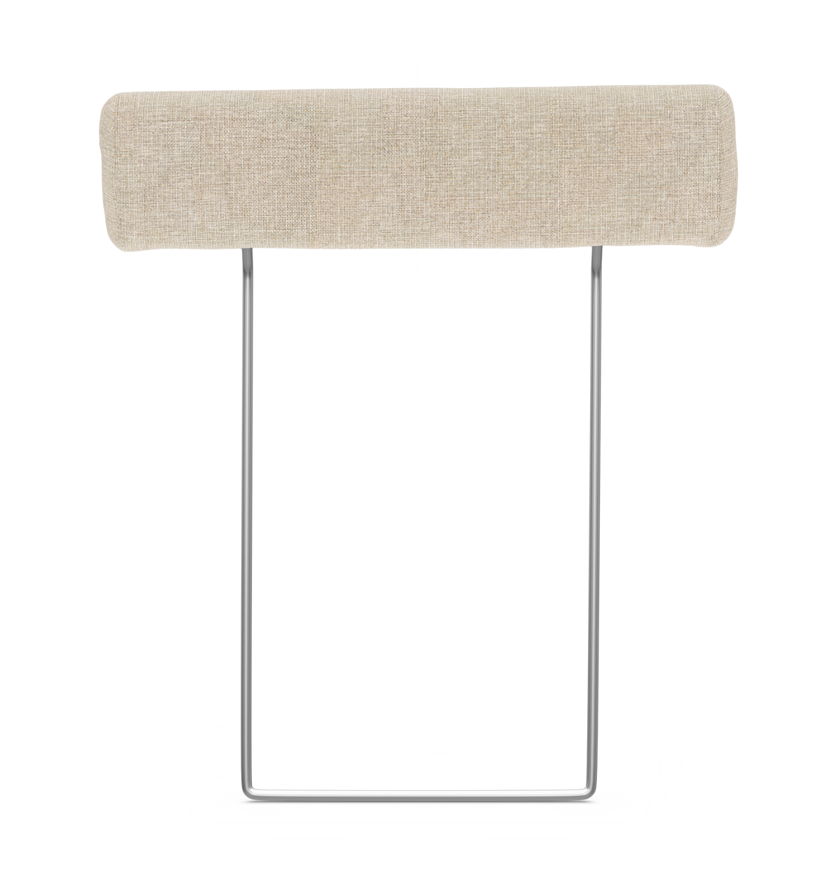 Beige rektangulært nakkestøtte/ryglæn i stof med U‑formet metalramme på hvid baggrund.