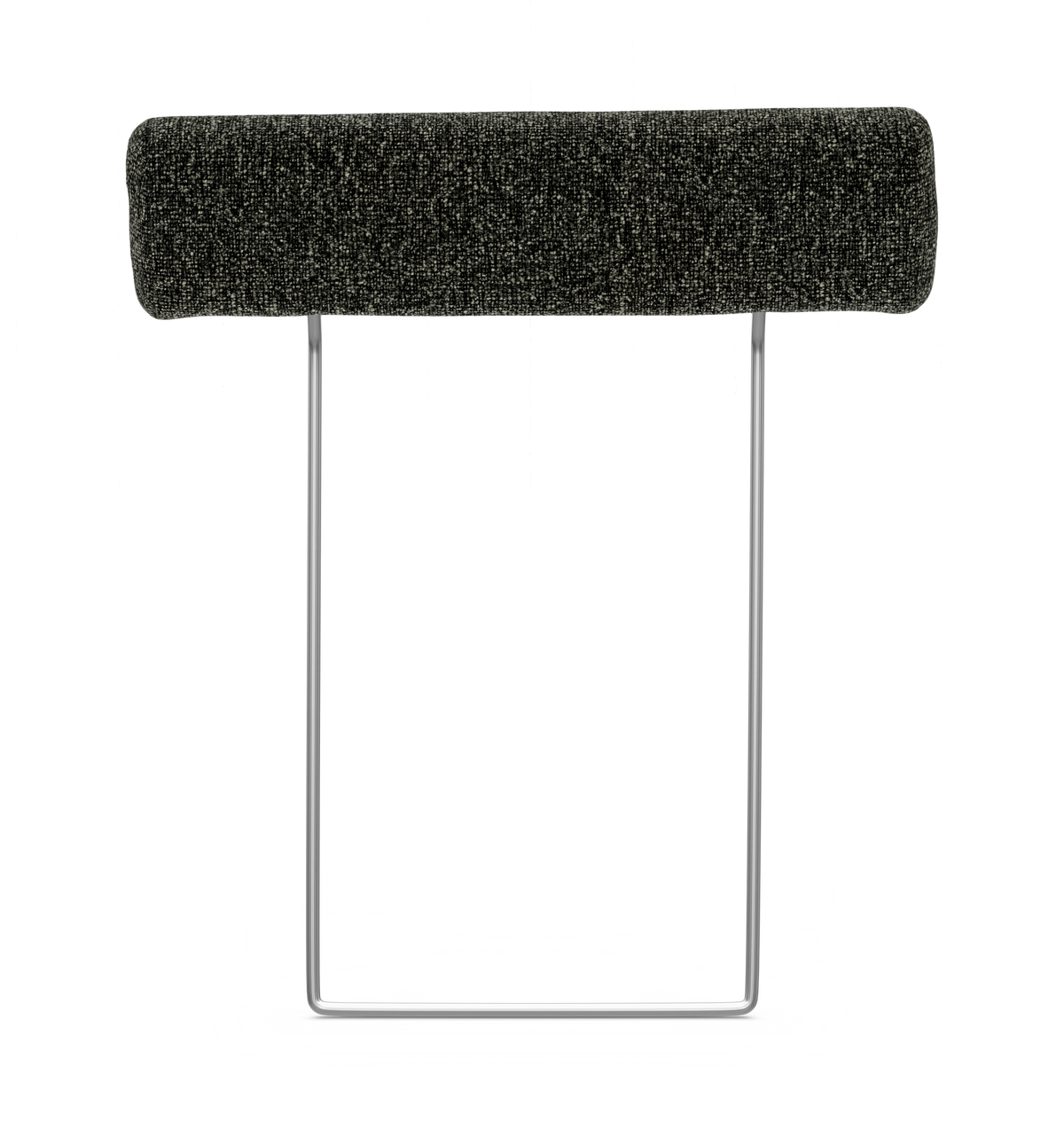 Mørkegrå rektangulær, tekstilbetrukket pude på en krom rektangulær metalramme – minimalistisk fritstående møbeldel.