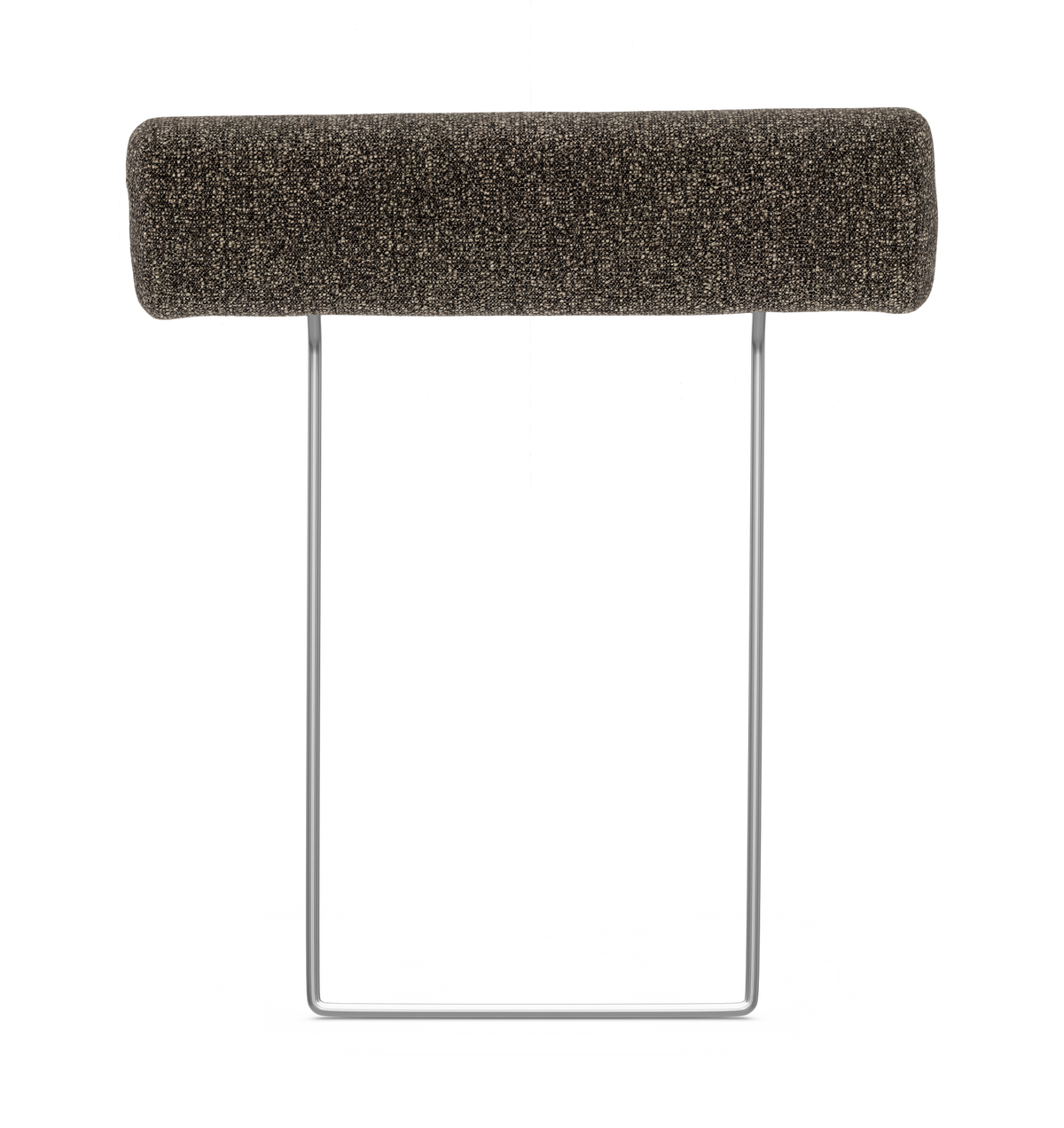 Moderne barstol med mørkegråt cylinderformet sæde og kromet slæderamme på hvid baggrund.
