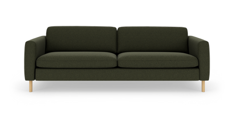 Mørkegrøn 3-personers sofa med afrundede armlæn og lyse træben, fotograferet lige forfra mod neutral baggrund.