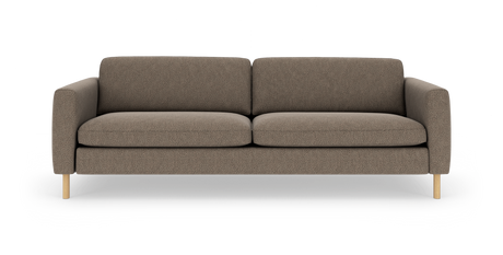 Brun/beige 3‑personers sofa med afrundede armlæn og lyse træben, frontvisning mod hvid baggrund.