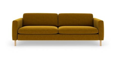 Sennepsgul 3-personers sofa med afrundede armlæn og lyse træben, isoleret mod hvid studiobaggrund.