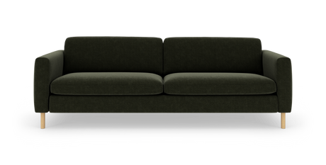Mørkegrøn sofa med to sædehynder og lyse træben, frontvisning mod hvid baggrund.