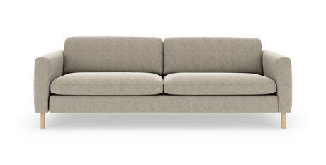 Beige 3-personers sofa med afrundede armlæn og lyse træben, frilagt på hvid baggrund.