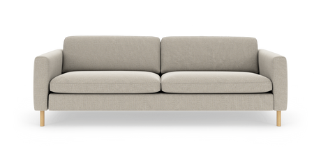 Lys beige 3-personers sofa med tekstilbetræk og lyse træben, frontvisning i studie.