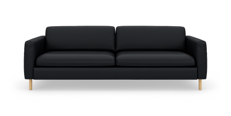 Sort, moderne sofa med træben, set forfra mod hvid baggrund.