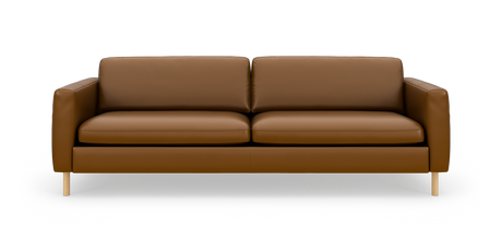 Brun lædersofa med træben, set forfra mod hvid studiobaggrund.