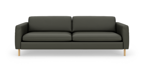 Mørkegrøn tresæders sofa i moderne, minimalistisk design med smalle armlæn og lyse træben, set forfra i studie.