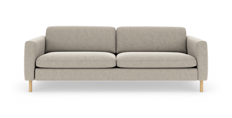 Beige 3-personers sofa med bløde puder og lyse træben, frilagt på hvid baggrund.